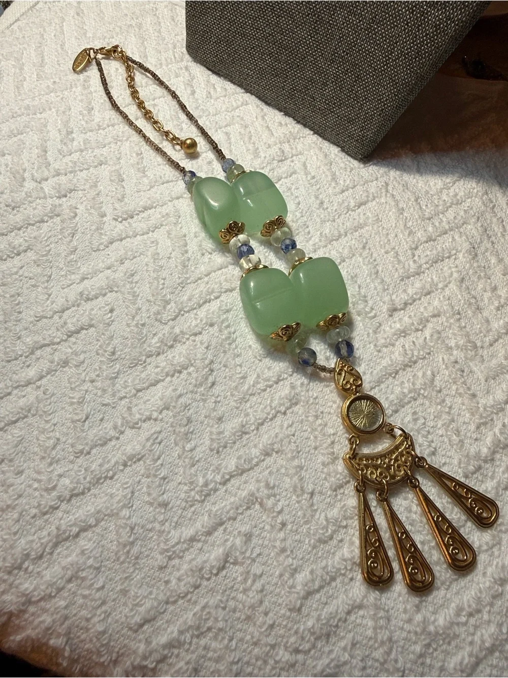 George Gold-Tone Filigree Pendant Necklace with Mint Green and Blue Glass Beads